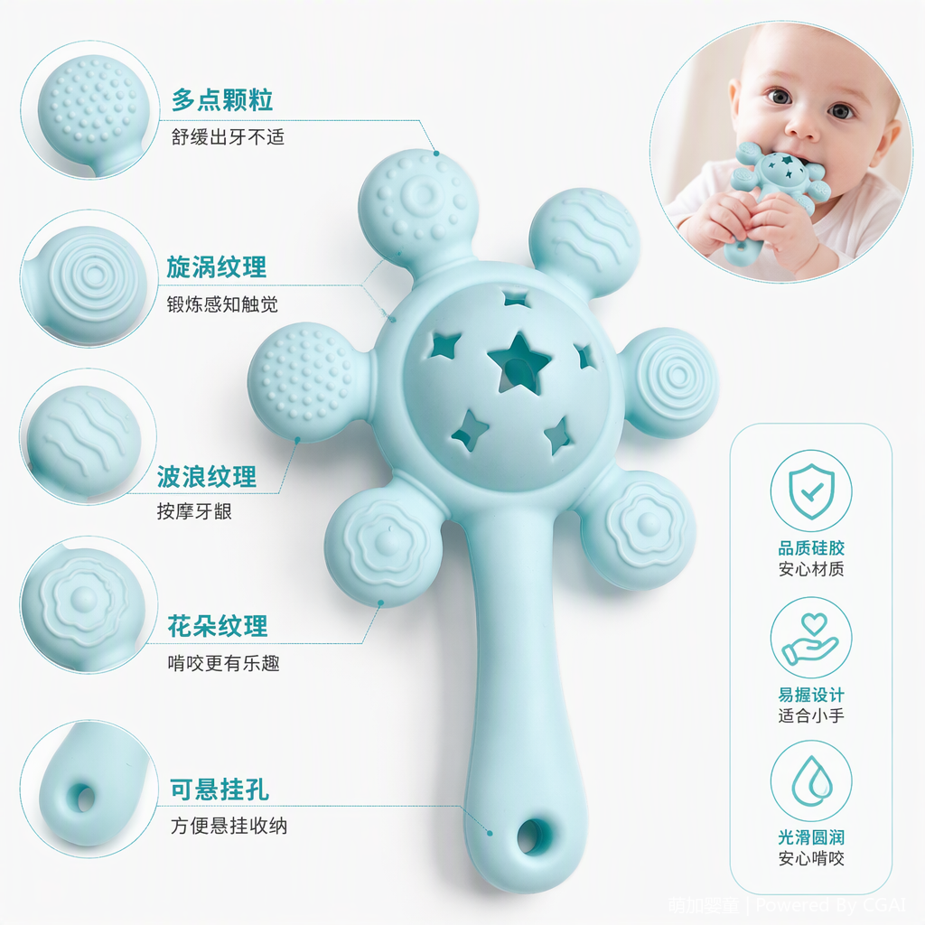 Colorful baby teething ring, bear-shaped design, star-hollowed-out multi-texture, portable handle, baby toy, rattle, teething ring, teething stick, bell