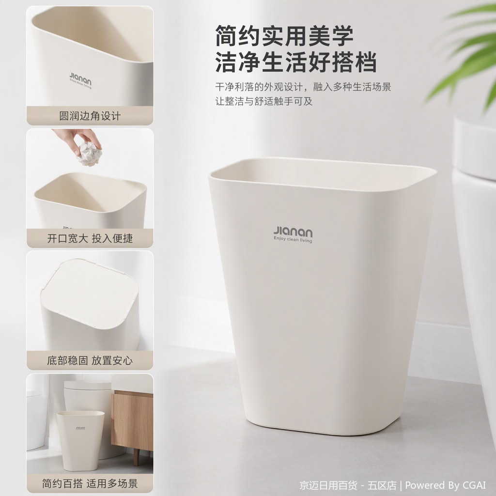【CL】26Q4#3607 meters white hardware bathroom trash can with lid, PP material anti-odor household kitchen storage bucket