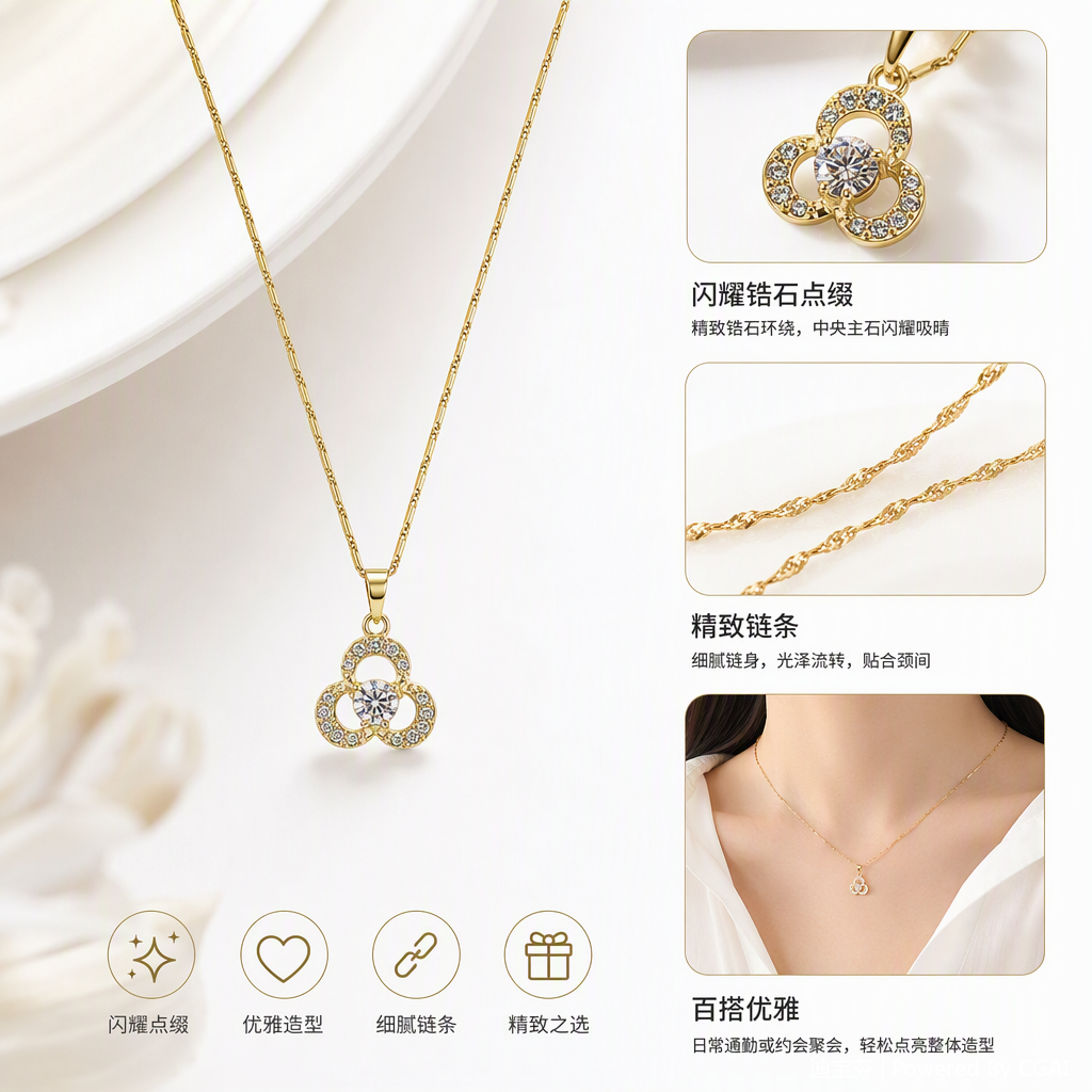 A golden necklace with a cloverleaf pendant set with crystal stones, a fashionable and simple women's accessory gift for your girlfriend
