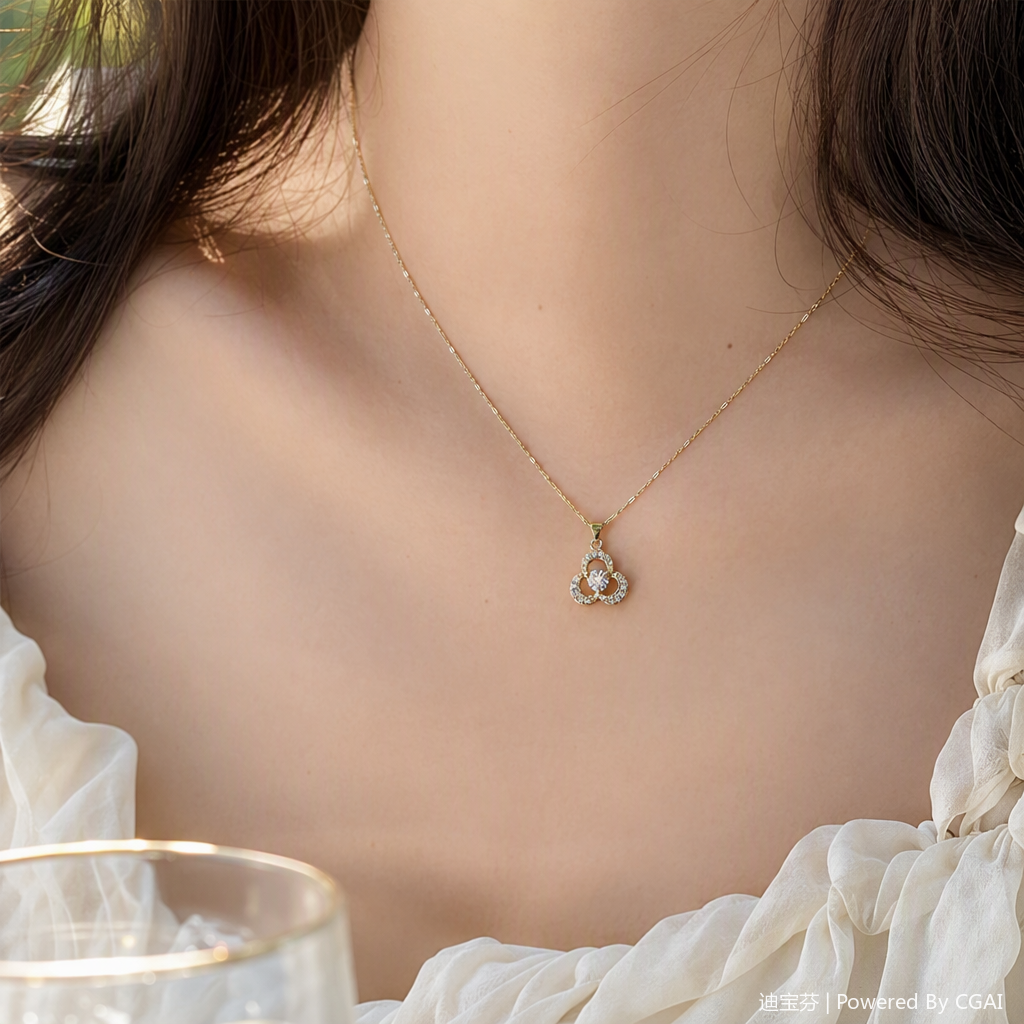 A golden necklace with a cloverleaf pendant set with crystal stones, a fashionable and simple women's accessory gift for your girlfriend details Picture