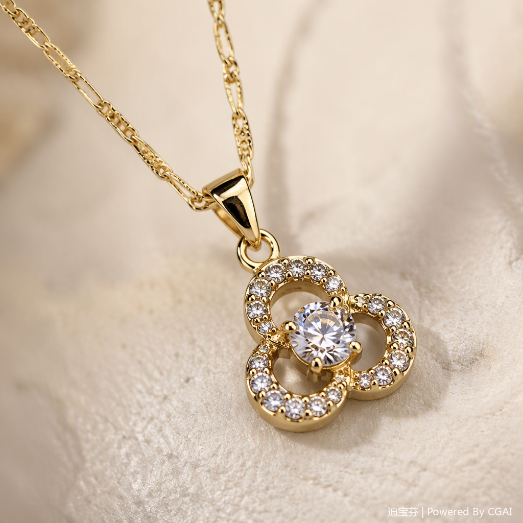 A golden necklace with a cloverleaf pendant set with crystal stones, a fashionable and simple women's accessory gift for your girlfriend Application Scenario