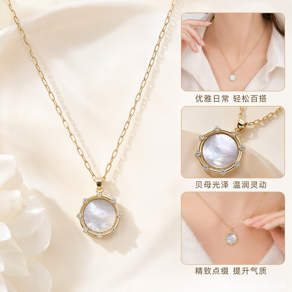 Fashionable golden chain necklace with mother-of-pearl pendant, simple and versatile women's accessory, trendy jewelry