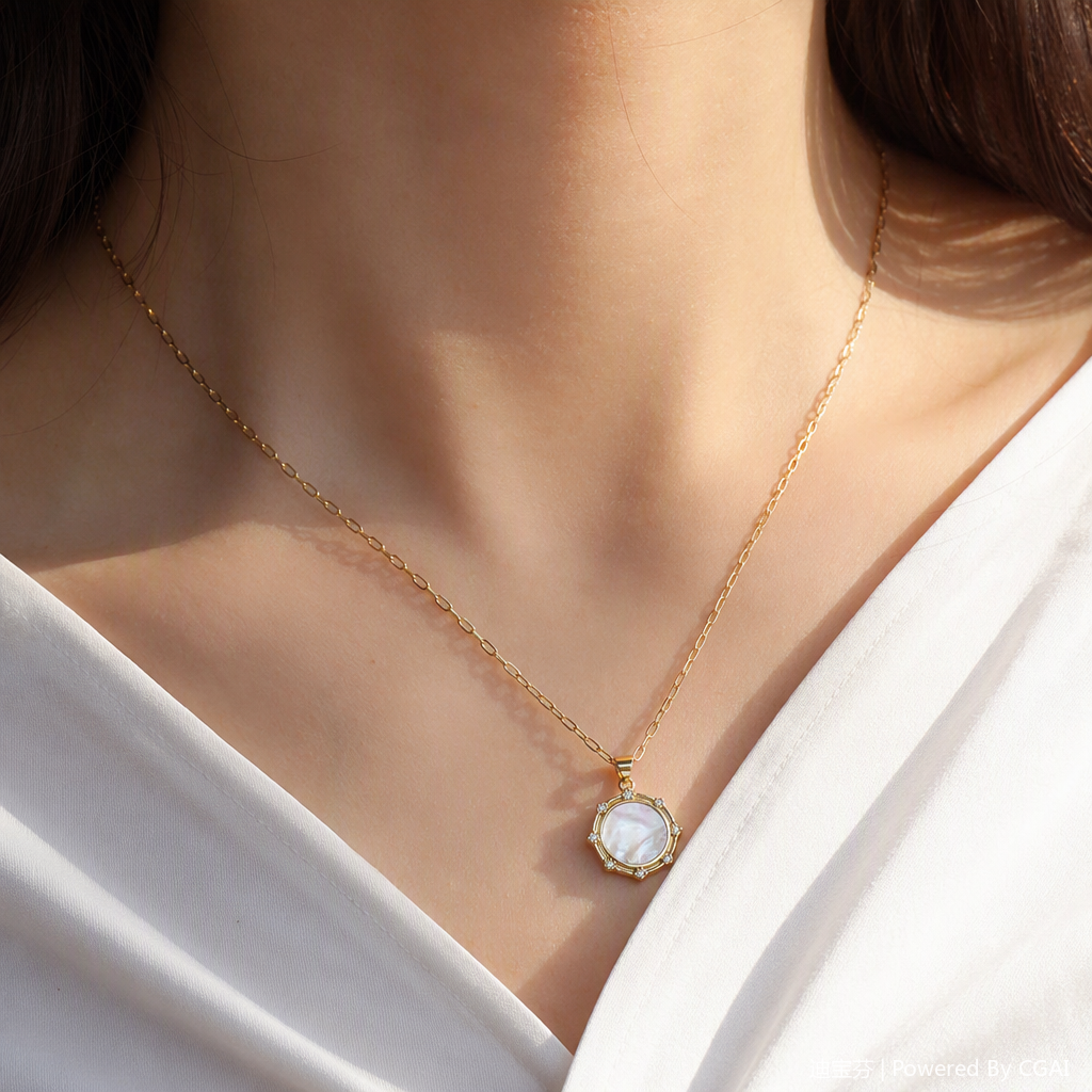Fashionable golden chain necklace with mother-of-pearl pendant, simple and versatile women's accessory, trendy jewelry details Picture