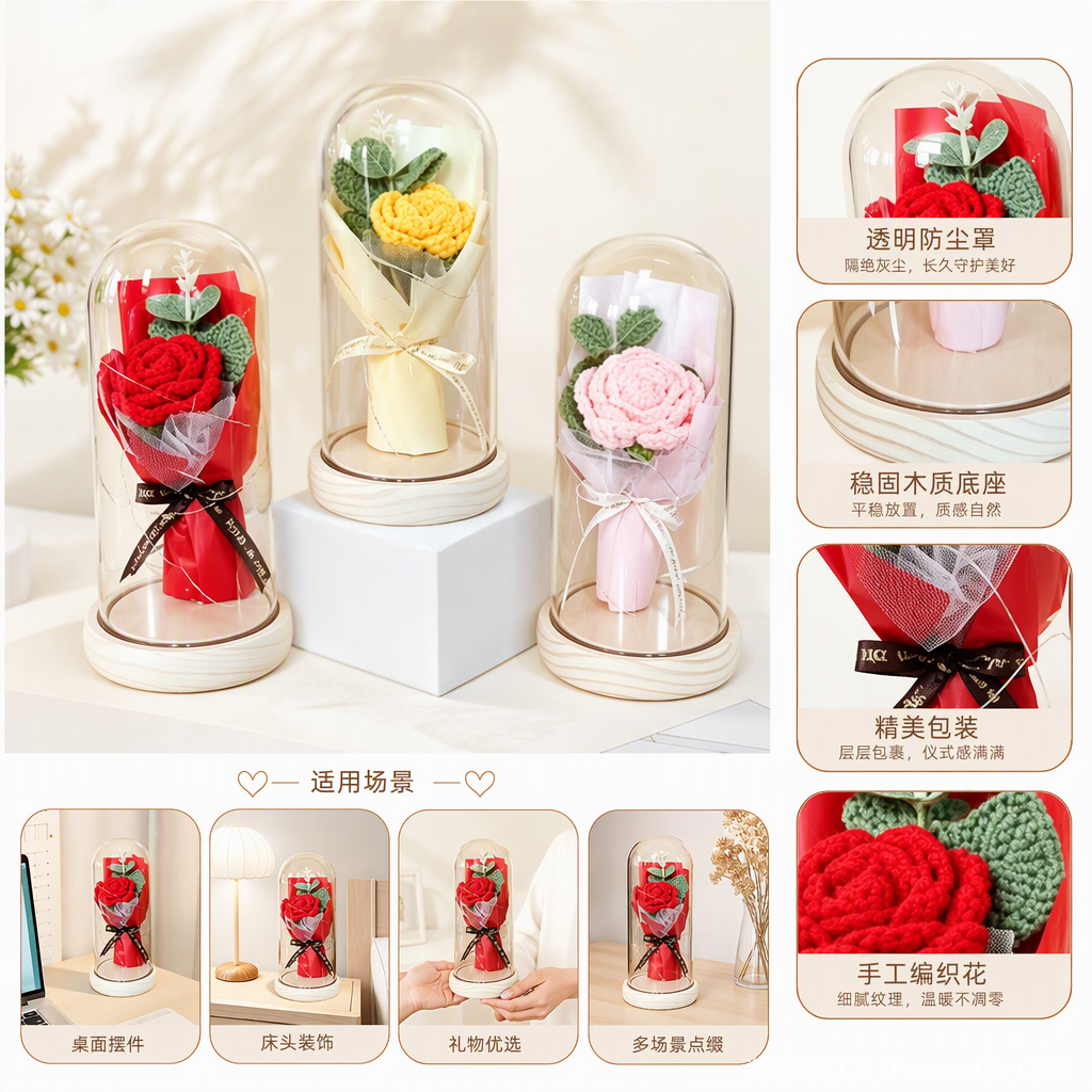 Three crochet rose bouquets are decorated with romantic ornaments adorned with multi-colored green leaf ribbons in a glass case