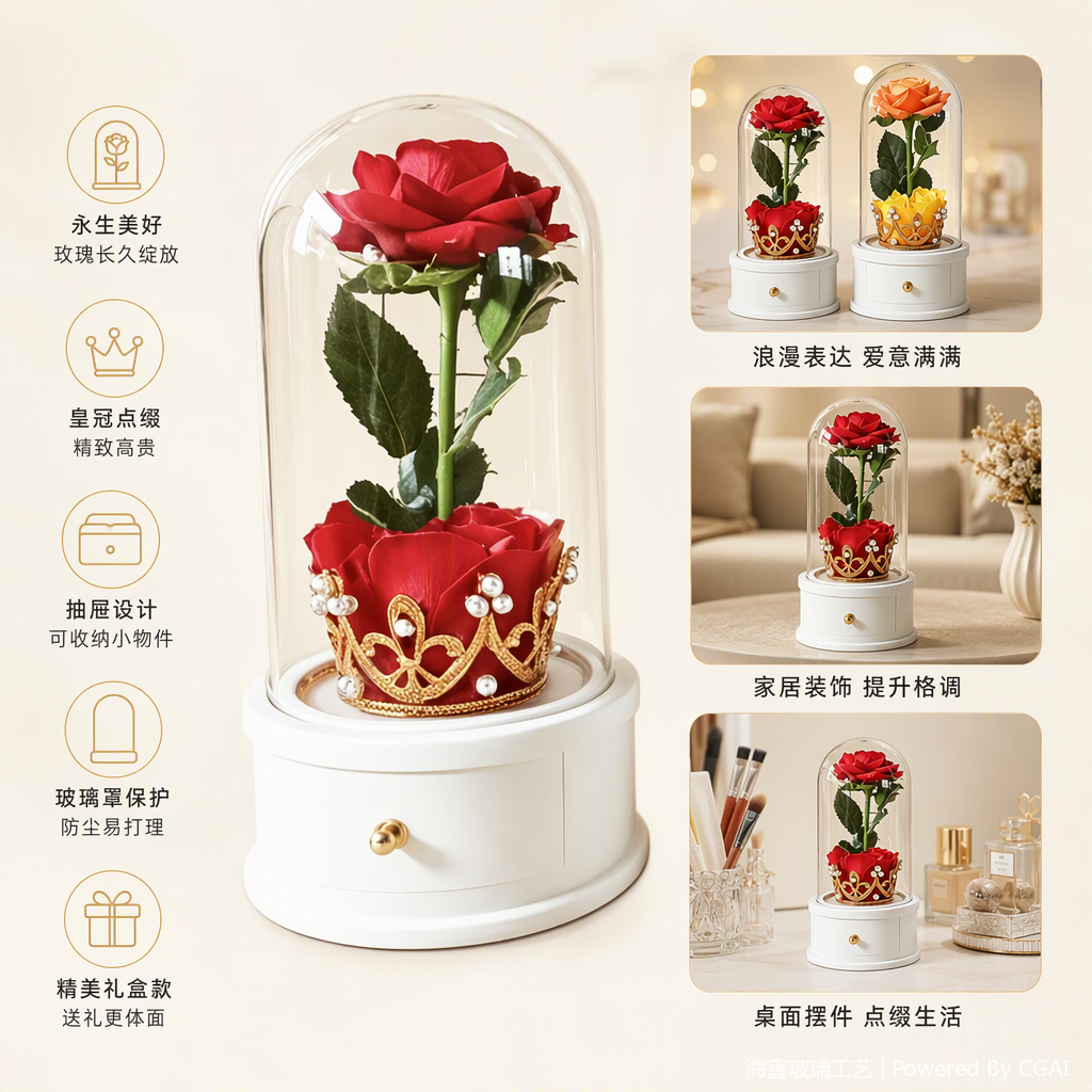 Eternal flower ornaments, golden crown, pearl decoration, white base, drawer design, red and yellow rose, glass cover, handicrafts, gifts and decorations
