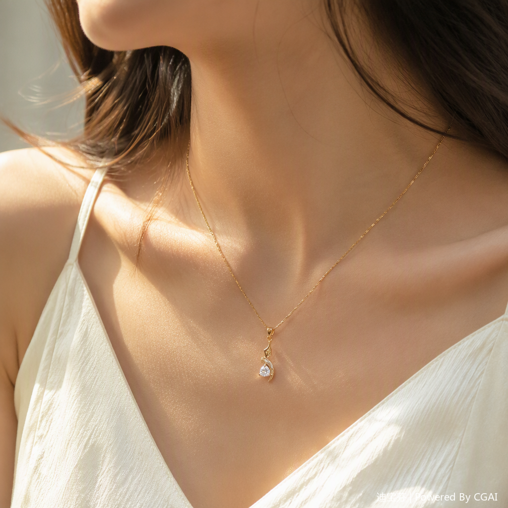 The golden necklace, crescent-shaped diamond-encrusted pendant, simple and fashionable jewelry accessories are displayed on a white display tray details Picture
