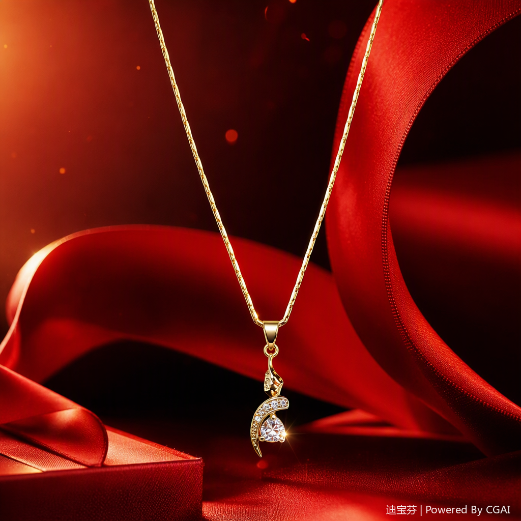 The golden necklace, crescent-shaped diamond-encrusted pendant, simple and fashionable jewelry accessories are displayed on a white display tray Specification image