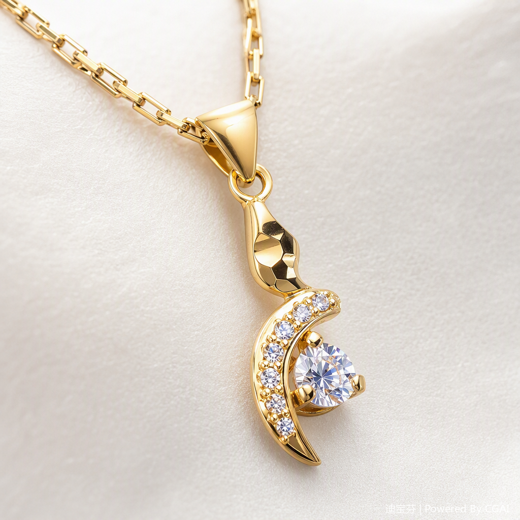 The golden necklace, crescent-shaped diamond-encrusted pendant, simple and fashionable jewelry accessories are displayed on a white display tray Application Scenario