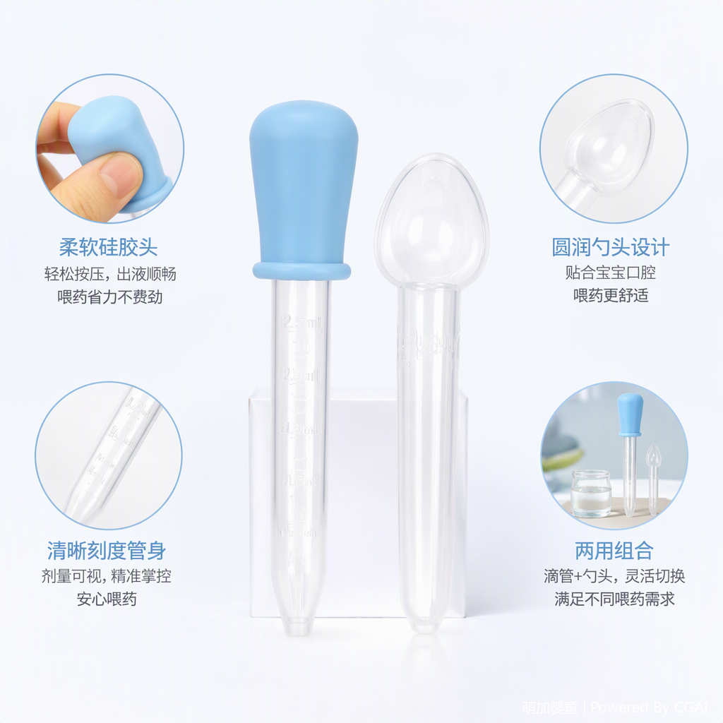 Three sets of individual packaging of Cartoon Bear Castle colorful baby dispensers, silicone droppers, odorless BPA safety droppers, forks with scales