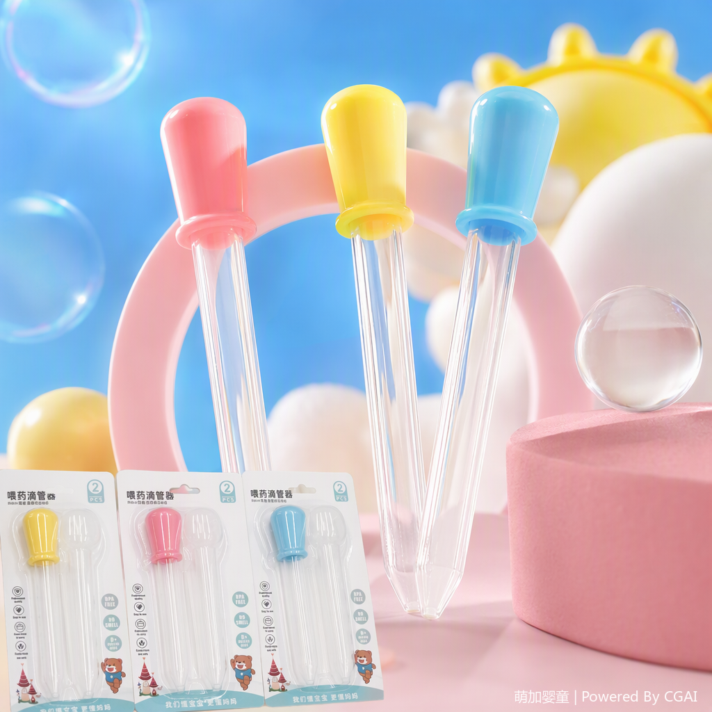 Three sets of individual packaging of Cartoon Bear Castle colorful baby dispensers, silicone droppers, odorless BPA safety droppers, forks with scales Specification image