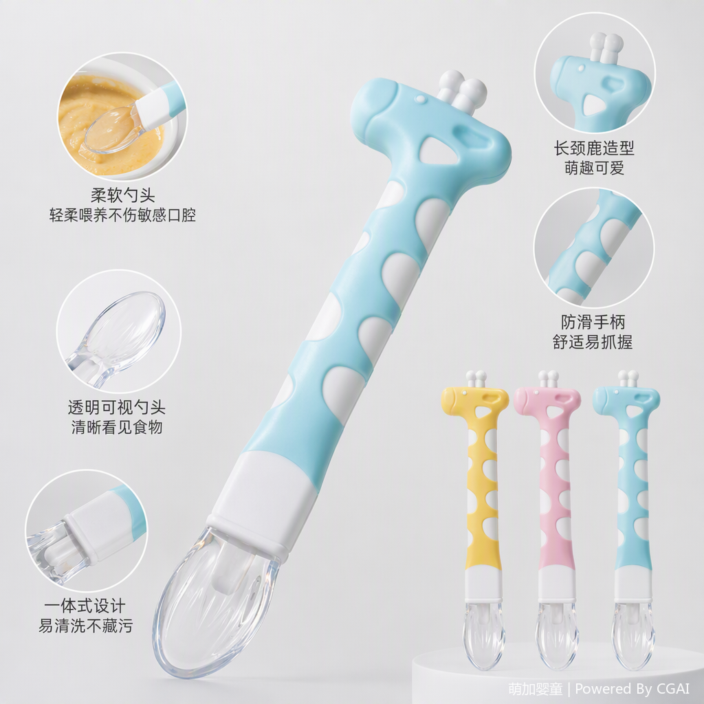 Colorful cartoon baby food spoon, children's baby training feeding spoon, safe, non-toxic, cute style cartoon giraffe silicone soft head spoon