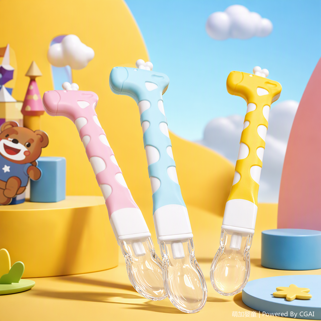 Colorful cartoon baby food spoon, children's baby training feeding spoon, safe, non-toxic, cute style cartoon giraffe silicone soft head spoon Specification image