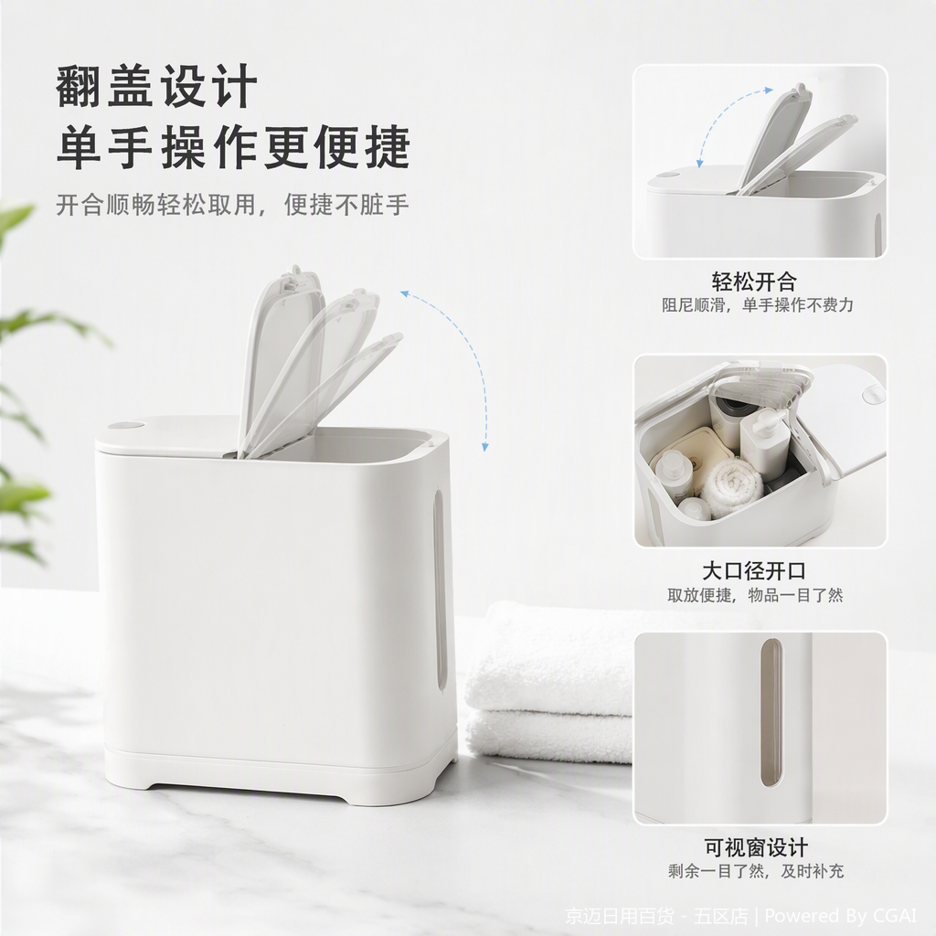 【CL】26Q4#3606 White hardware bathroom trash can with lid, PP material anti-odor household storage bucket, simple and practical