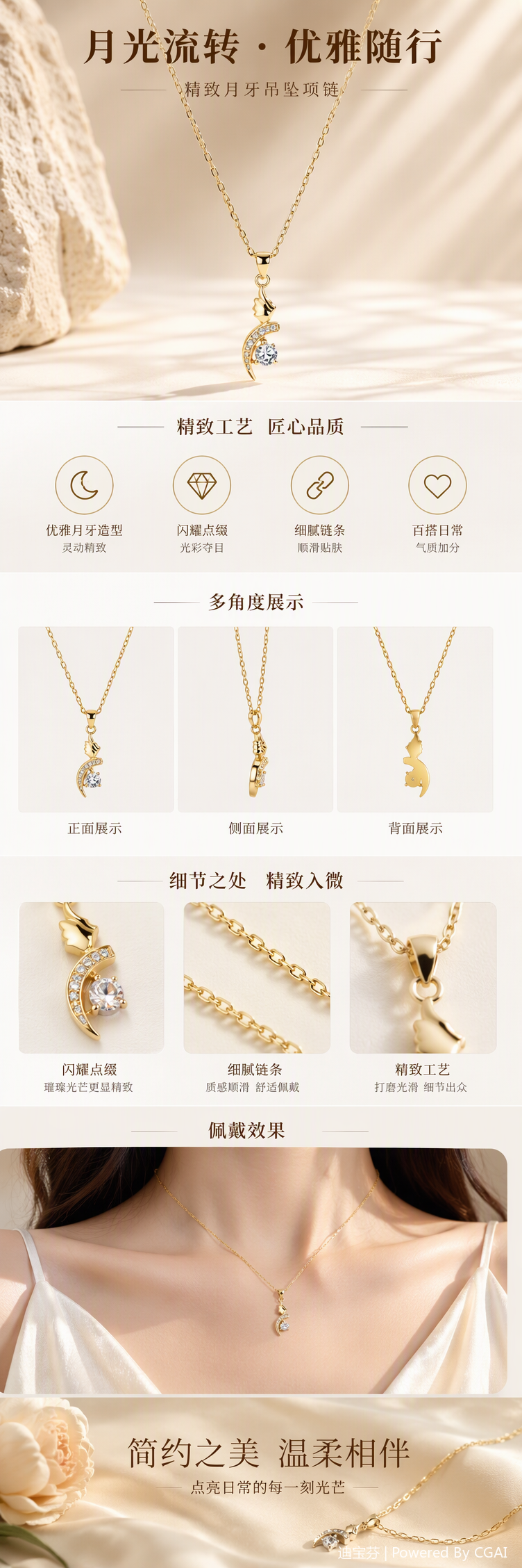 The golden necklace, crescent-shaped diamond-encrusted pendant, simple and fashionable jewelry accessories are displayed on a white display tray pic 1