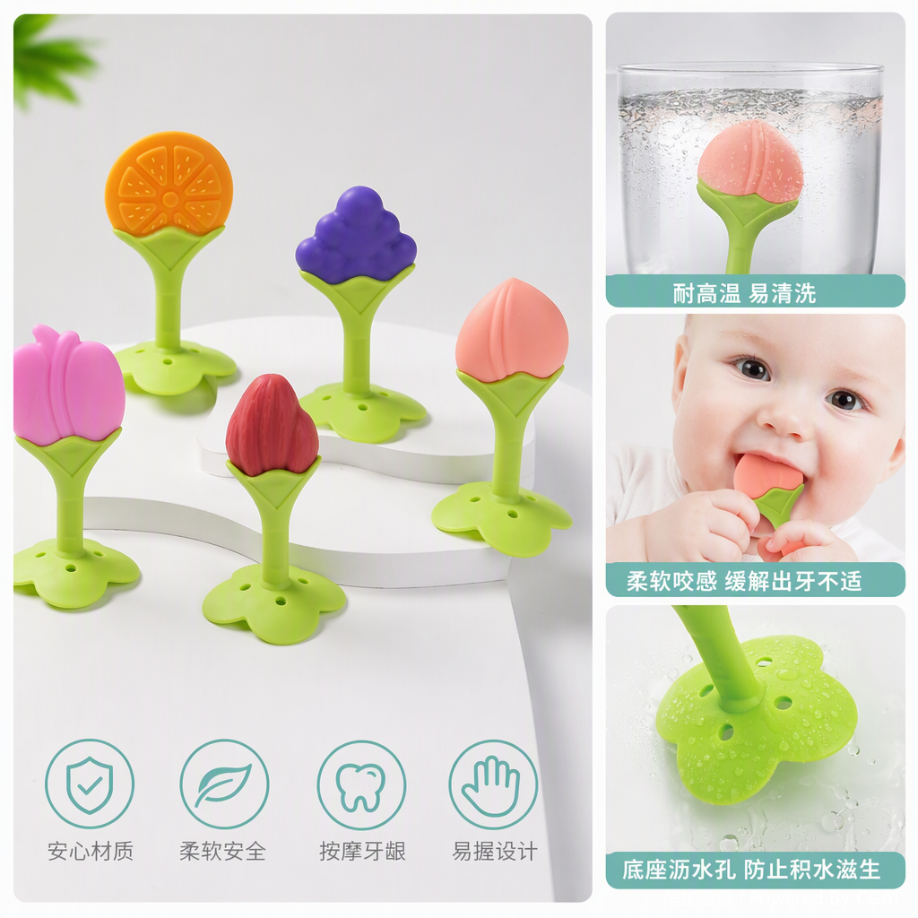 多彩婴幼儿牙胶玩具宝宝磨牙安抚手摇益智早教用品立体水果磨牙棒牙胶咬咬胶咬咬乐