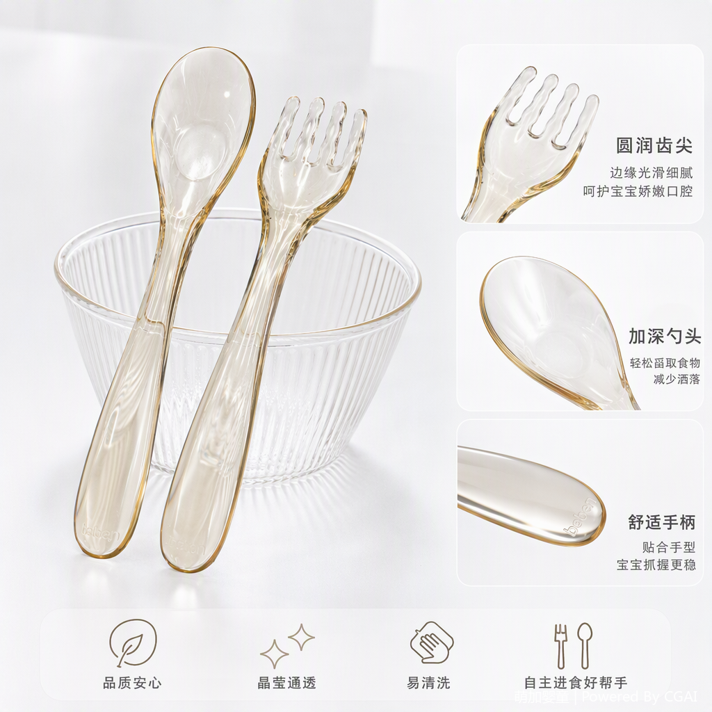 高档琥珀色透明餐具勺子叉子套装耐热餐厅家用餐具餐桌用品PPSU训练叉勺套装