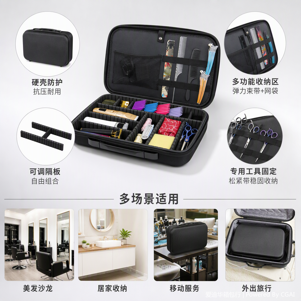 Oxford cloth hair care storage bag for hairstylists, hard shell, hand-held toolbox, multi-compartment adjustable partition for storing scissors, clippers, combs, hair salon makeup, portable, wear-resistant, large-capacity toolkit, upgraded from Aidihua 023 Item Picture