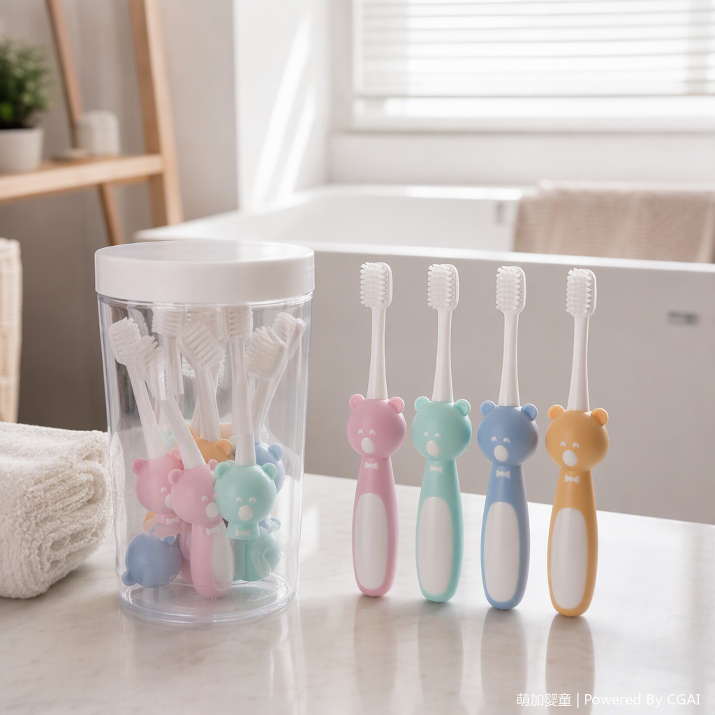Colorful bear-shaped children's toothbrush, transparent can, soft bristles, baby toothbrush, children's toothbrushes, gift box, bucket, 7-piece set details Picture