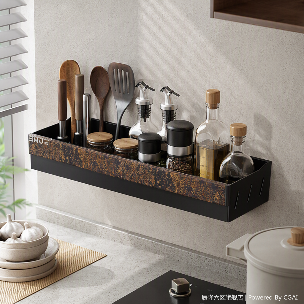 【CL】26Q4#8230 Multi-functional non-drilling folding layer rack, black with rust texture, perforated board, toilet, bathroom storage and organization rack, storage rack details Picture