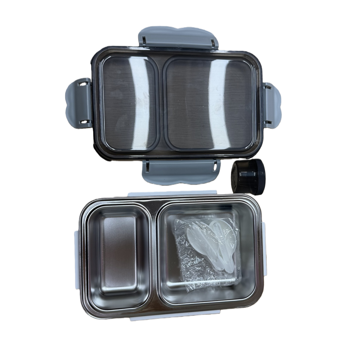 Stainless steel compartments lunch box with transparent lid, white tableware, portable student and children's lunch box, multi-compartment lunch box, plastic lid Item Picture