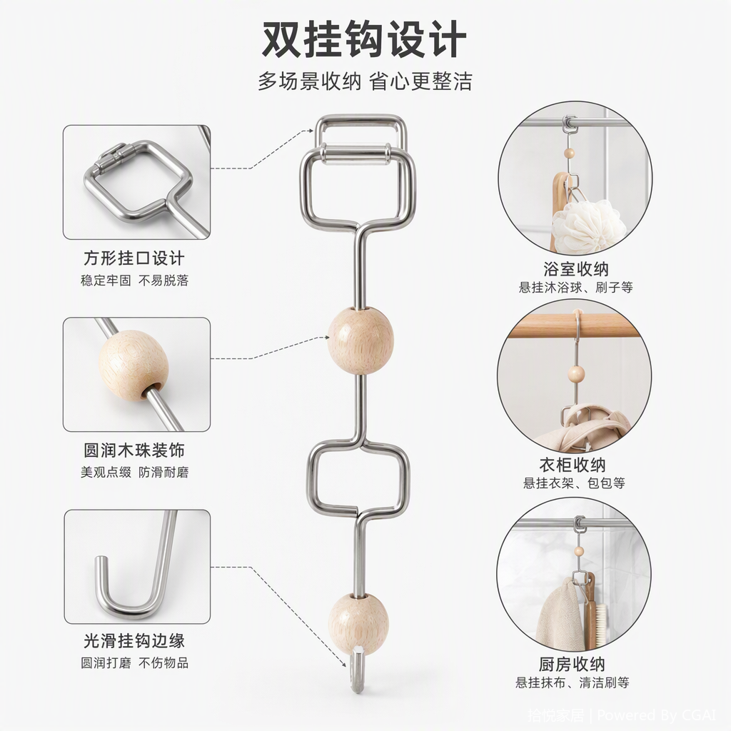 多功能金属挂钩壁挂强力耐用家用厨房卫生间收纳挂钩银色款