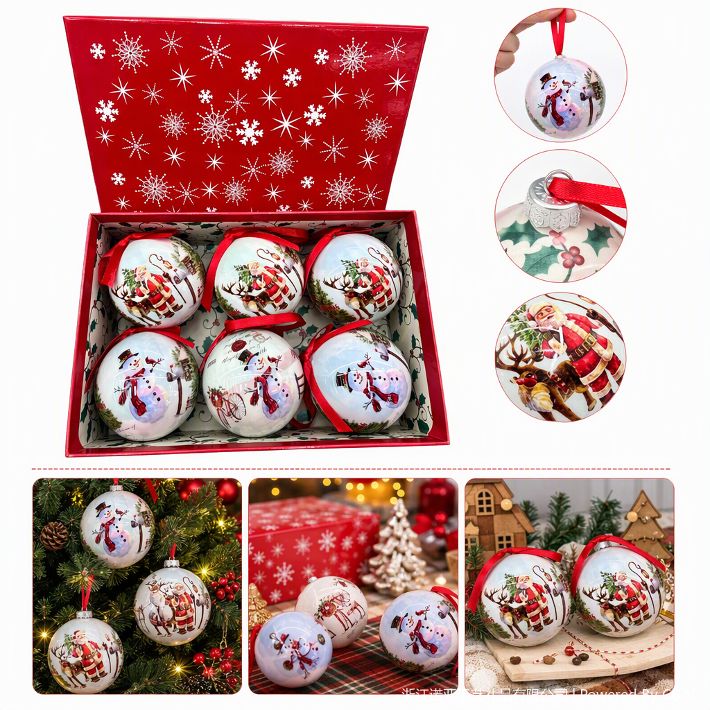 Christmas Decorative Ball gift box set of six pieces, featuring Santa Claus, reindeer, snowman, festive patterns and red ribbons to enhance the Christmas atmosphere