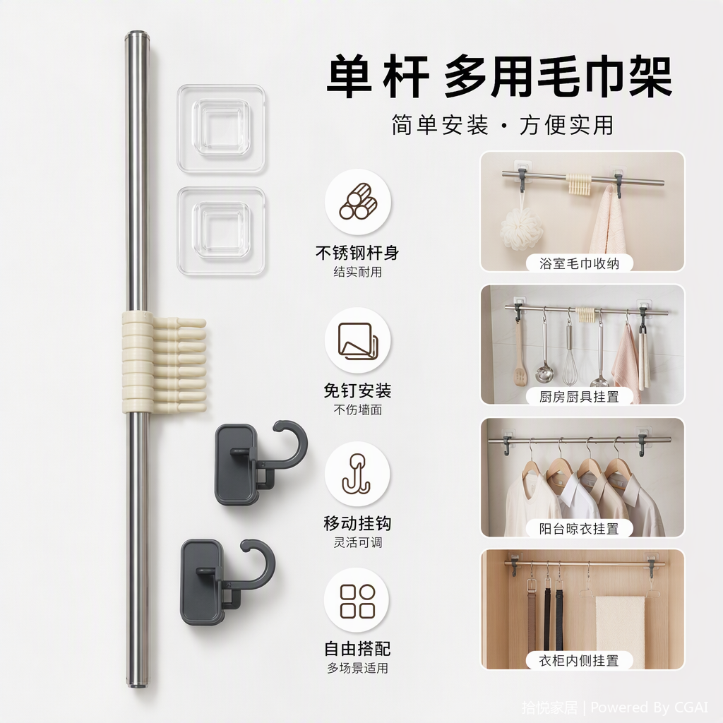 多功能单杆架白色塑料夹灰色挂钩透明吸盘配件家居收纳整理用品