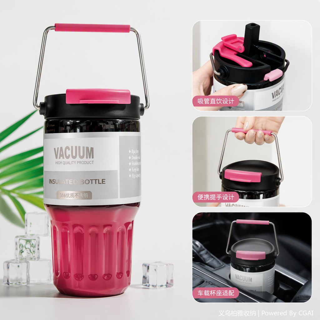 Stainless steel double-layer insulated portable water cup, thermos flask, student sports tea cup, green model, capacity 350ml