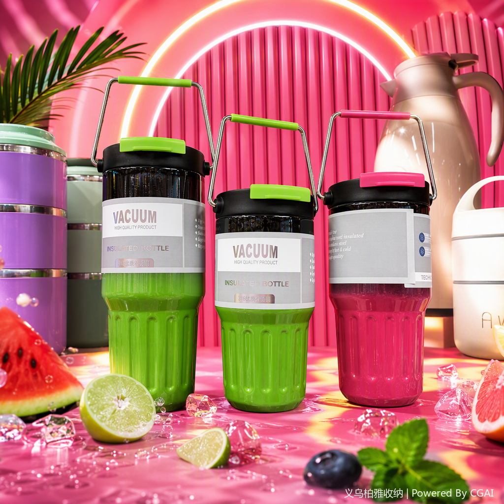 Stainless steel double-layer insulated portable water cup, thermos flask, student sports tea cup, green model, capacity 350ml Specification image