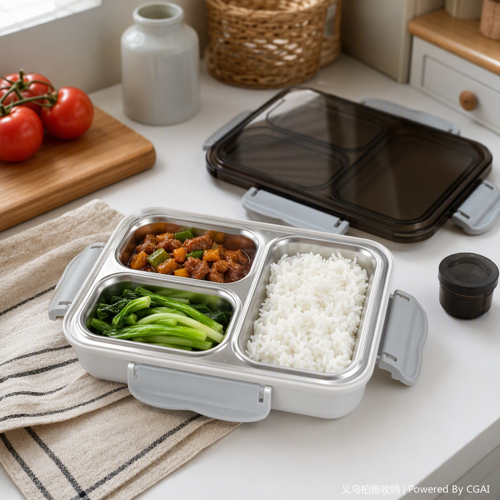 Multi-compartment silver portable lunch box, student lunch box, microwave oven-safe tableware storage box, simple and fashionable tableware box details Picture
