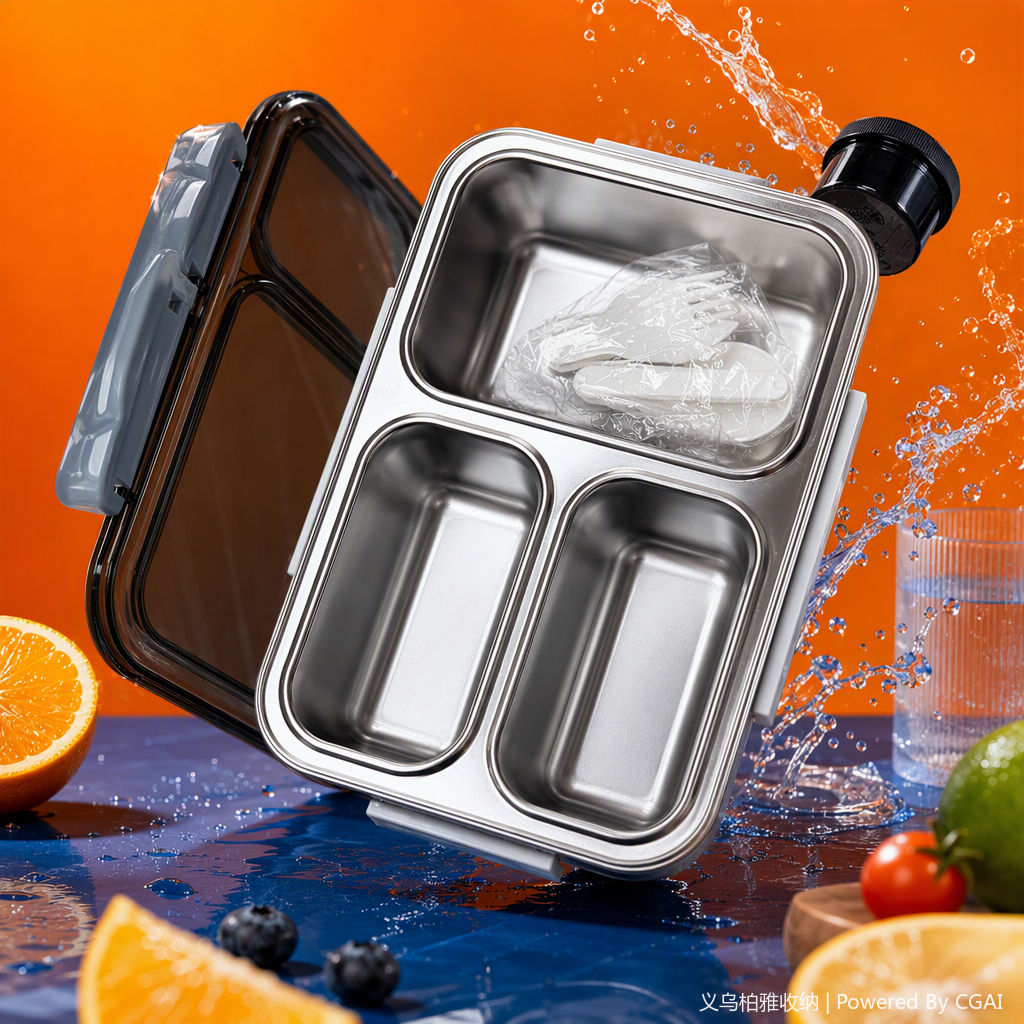 Multi-compartment silver portable lunch box, student lunch box, microwave oven-safe tableware storage box, simple and fashionable tableware box Specification image