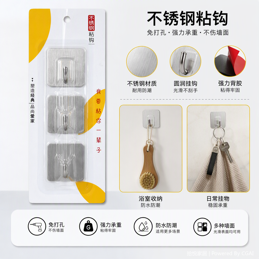 厨房强力免钉挂钩免打孔不锈钢墙壁粘贴粘钩家用免钉粘钩强粘免钉挂钩免打孔粘钩粘钩免钉强力粘钩免钉强粘挂钩
