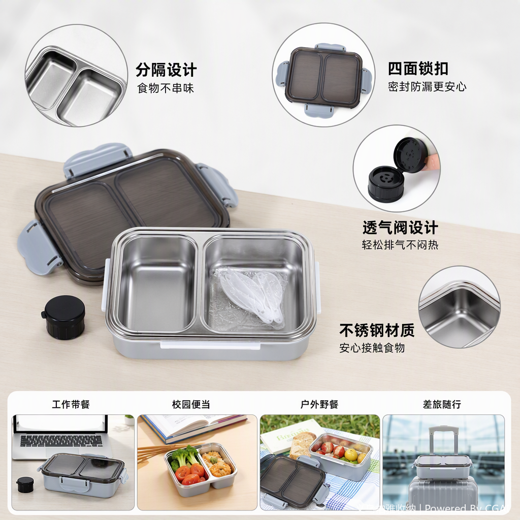 Lonchera de acero inoxidable con tapa transparente vajilla blanca portátil para niños de estudiante lonchera de múltiples compartimentos con tapa de plástico
