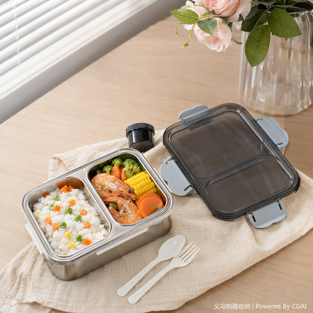 Stainless steel compartments lunch box with transparent lid, white tableware, portable student and children's lunch box, multi-compartment lunch box, plastic lid details Picture