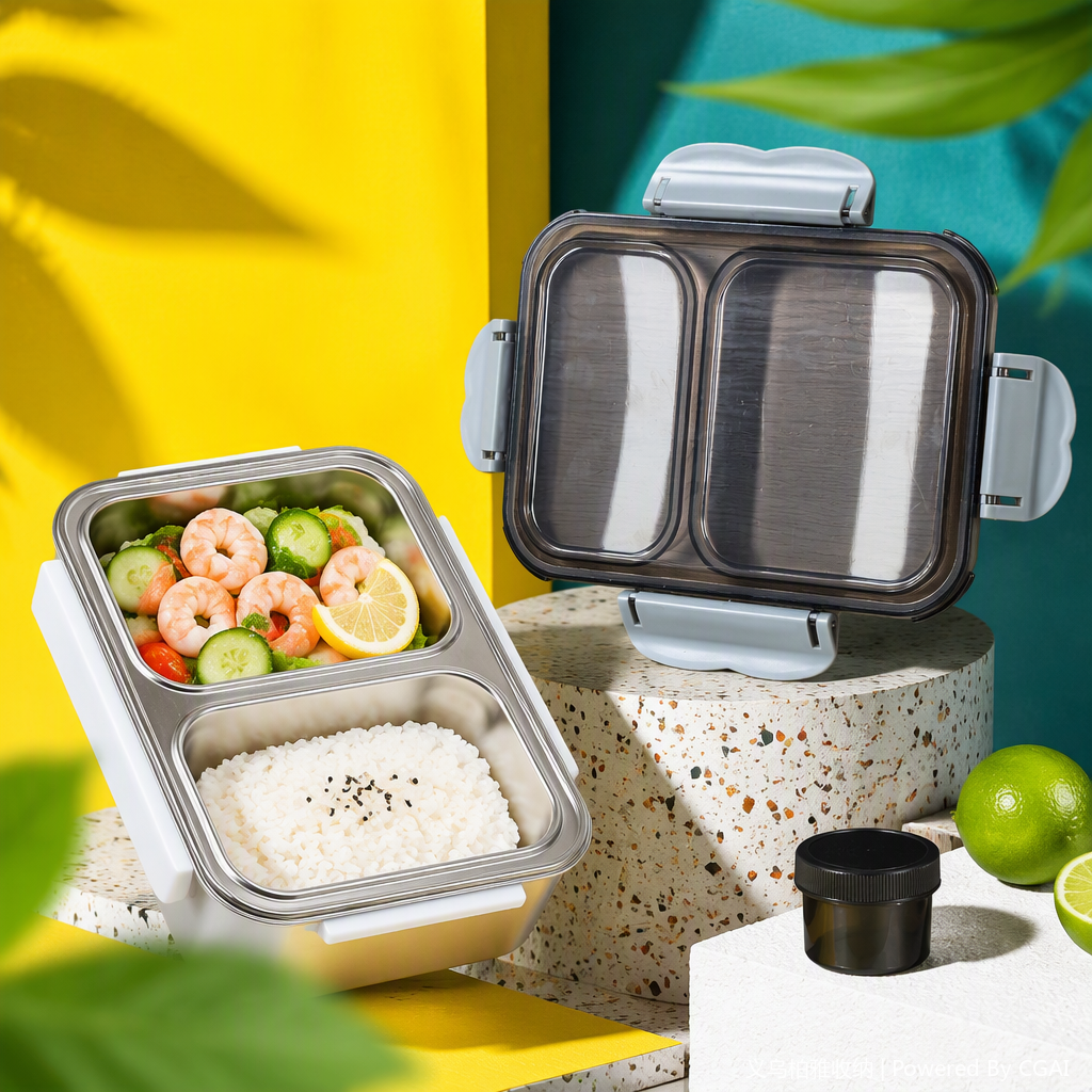 Stainless steel compartments lunch box with transparent lid, white tableware, portable student and children's lunch box, multi-compartment lunch box, plastic lid Specification image