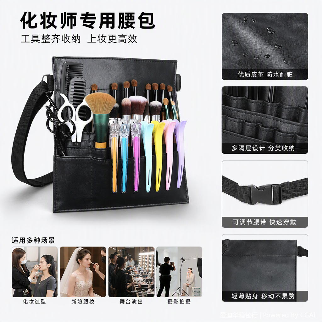 Professional makeup artist waist bag with makeup kit, large-capacity portable PU leather makeup brush storage bag, adjustable waist bag, multi-functional storage bag for beauticians and hairdressers, waterproof, wear-resistant and practical, Aidihua 021LZ Specification image