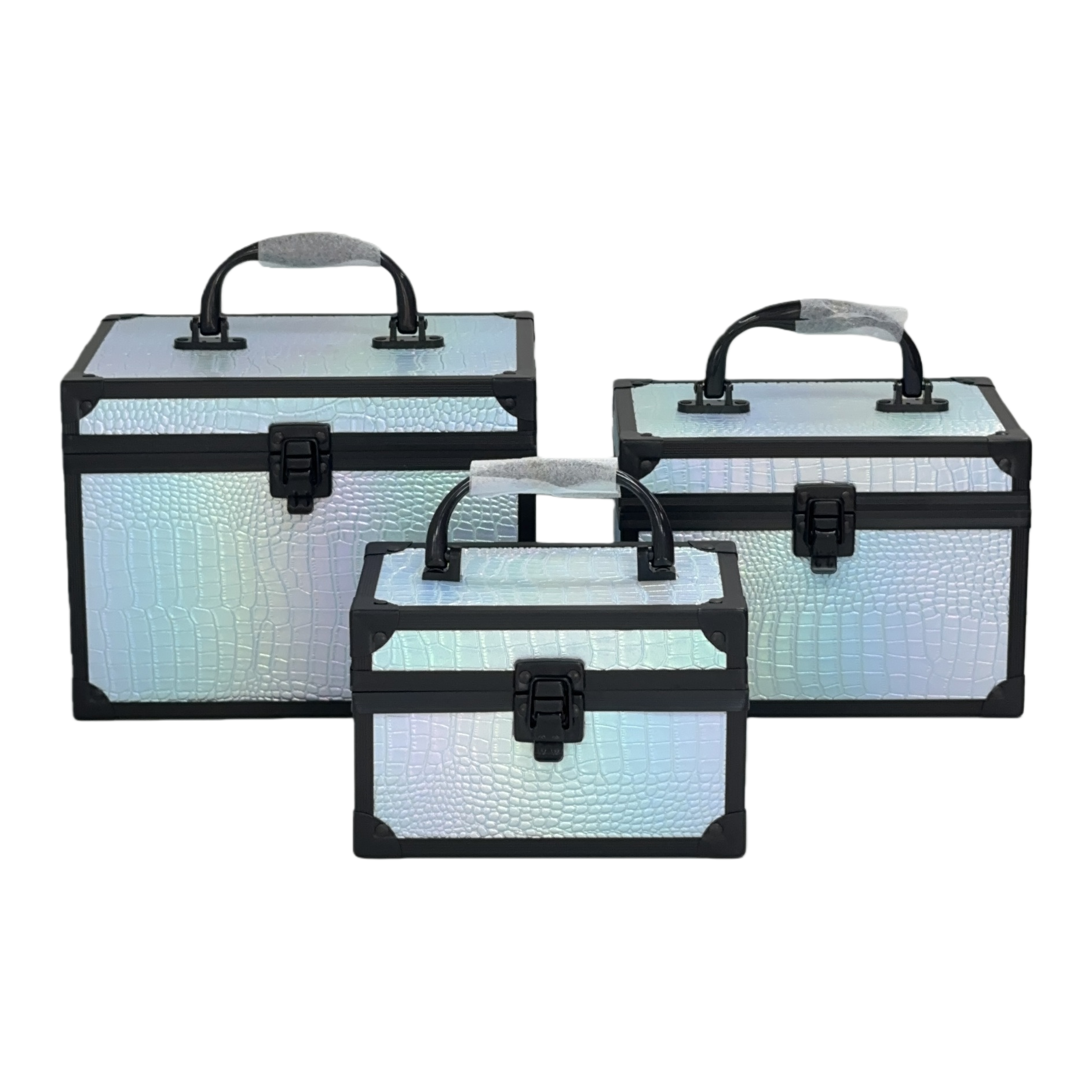 Conjunto de tres piezas radium color mágico cocodrilo patrón cosmético caja de almacenamiento portátil marco de aluminio caja de almacenamiento interior rosa con cerradura caja de joyería portátil belleza retro caja de almacenamiento de herramientas de uñas para el hogar caja de almacenamiento sensorial premium caja de almacenamiento adiwa 070SP pic 6