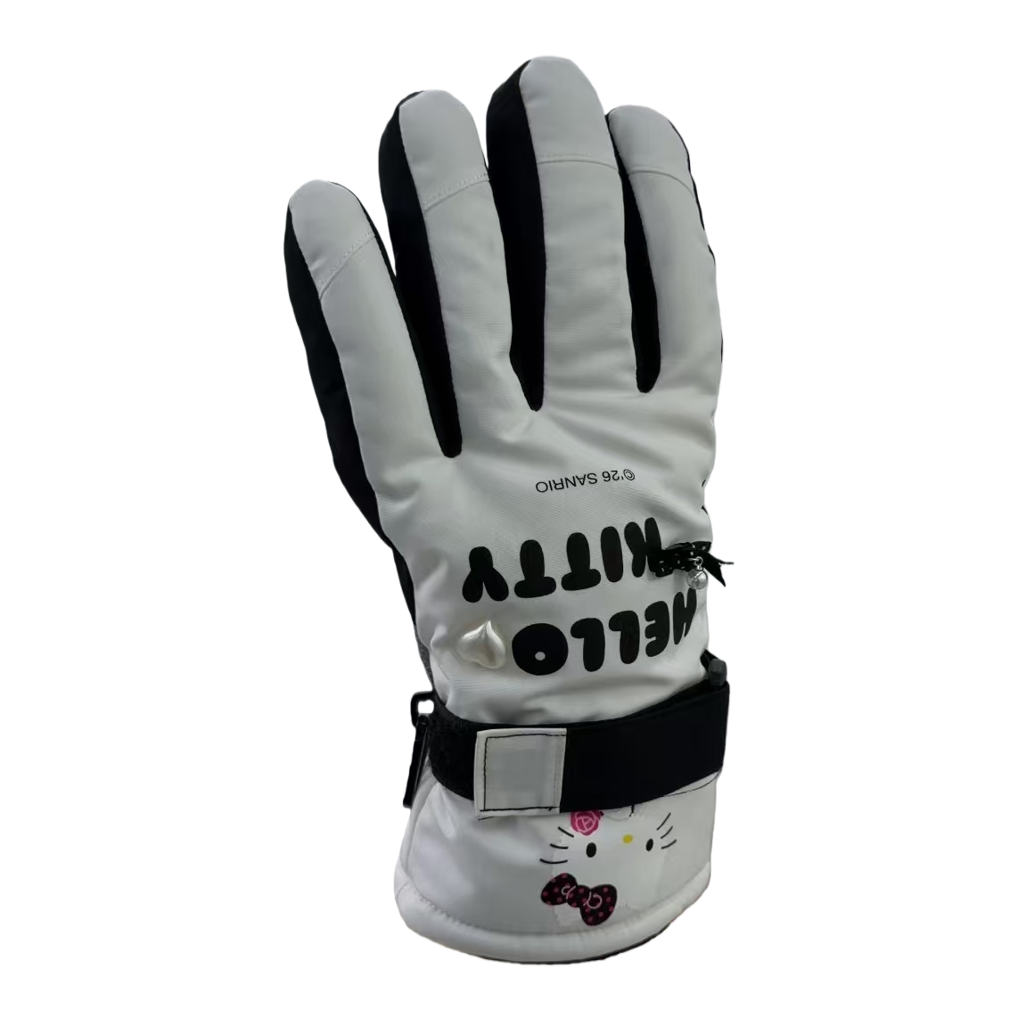 White black-edged ski gloves with printed cartoon patterns, warm and windproof winter sports gloves for both men and women Item Picture
