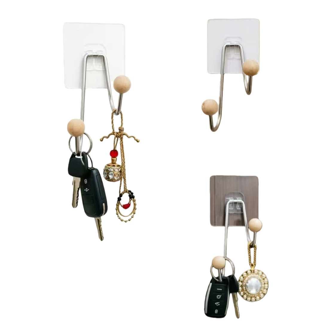 Multi-functional metal hook with wooden beads key pendant, creative hanging accessory for home storage and decoration Item Picture