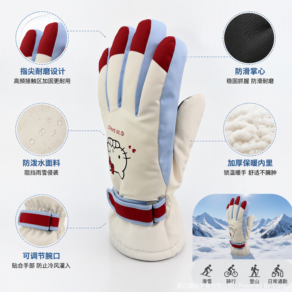 Cute cartoon gloves, white, red and blue decorated, children's warm and cold-proof gloves for boys and girls, a must-have for winter