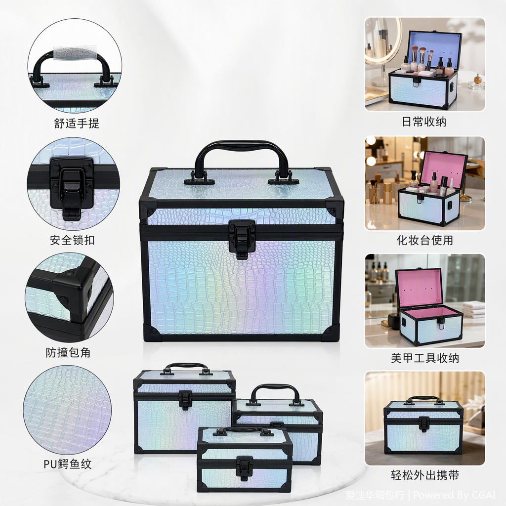 Three-piece set: Laser irider crocodile pattern makeup box, hand-held aluminum frame storage box, pink inner lock jewelry box, portable retro beauty box, home nail art tool storage box, high-end storage box, Adihua 070SP Specification image