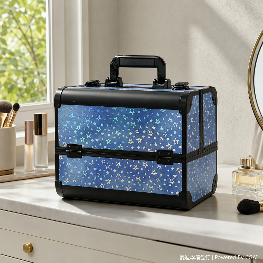 Laser blue star pattern aluminum alloy makeup case, hand-held open-layer large-capacity multi-layer storage box, reinforced corner guard with lock, makeup artist's special toolbox, household makeup and nail care products, high appearance level, Aidihua 1403XX