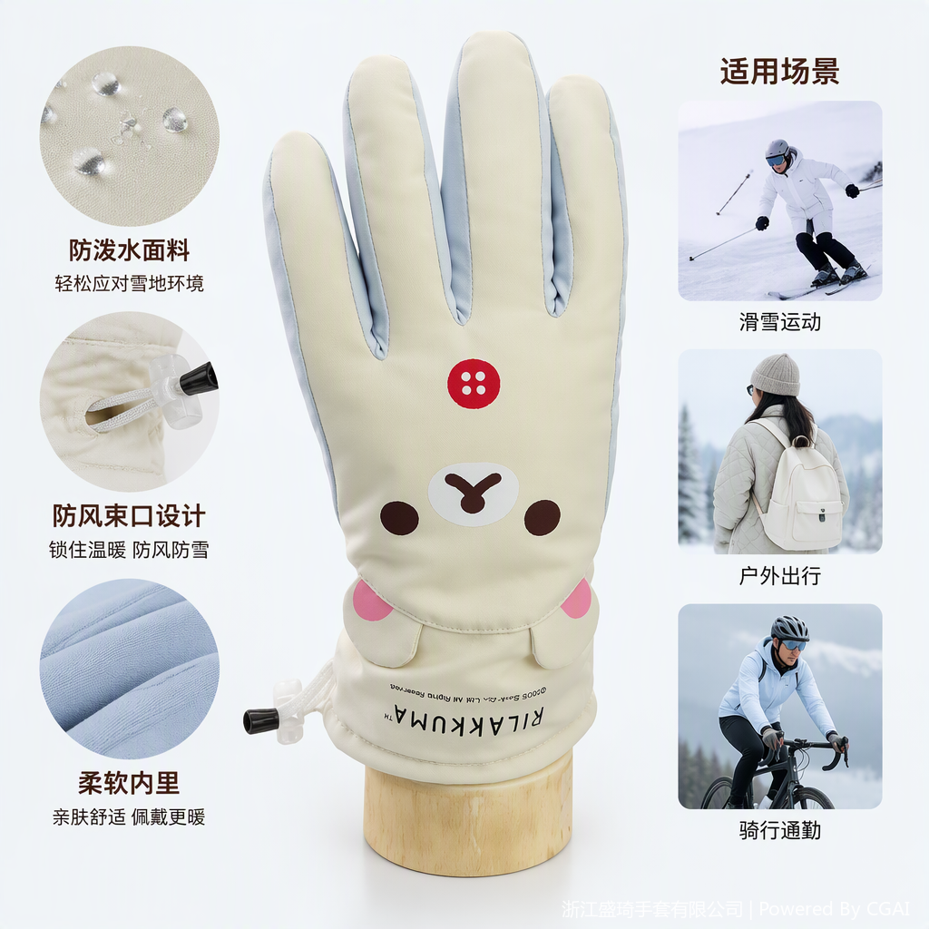 Cartoon-style beige gloves for warmth and cold protection, cute hand products for boys and girls in autumn and winter