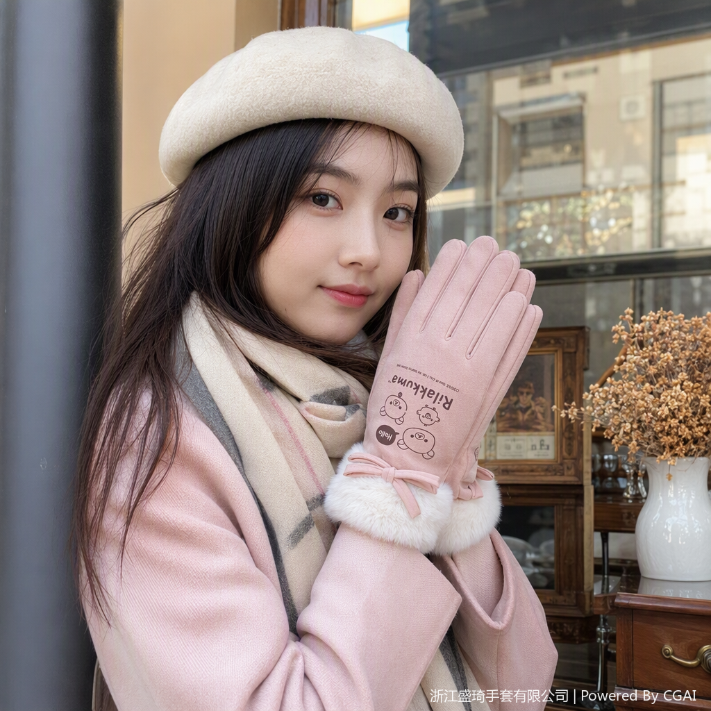 Soft and comfortable pink gloves for cold protection and warmth, fashionable hand care for ladies, a must-have in winter details Picture