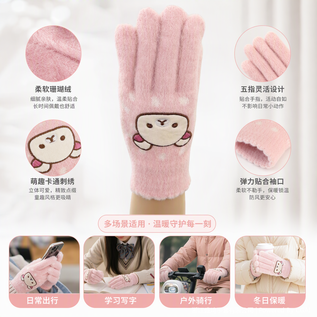 Warm and soft pink plush gloves for keeping warm. Cute and fashionable hand protection covers for ladies to wear in winter