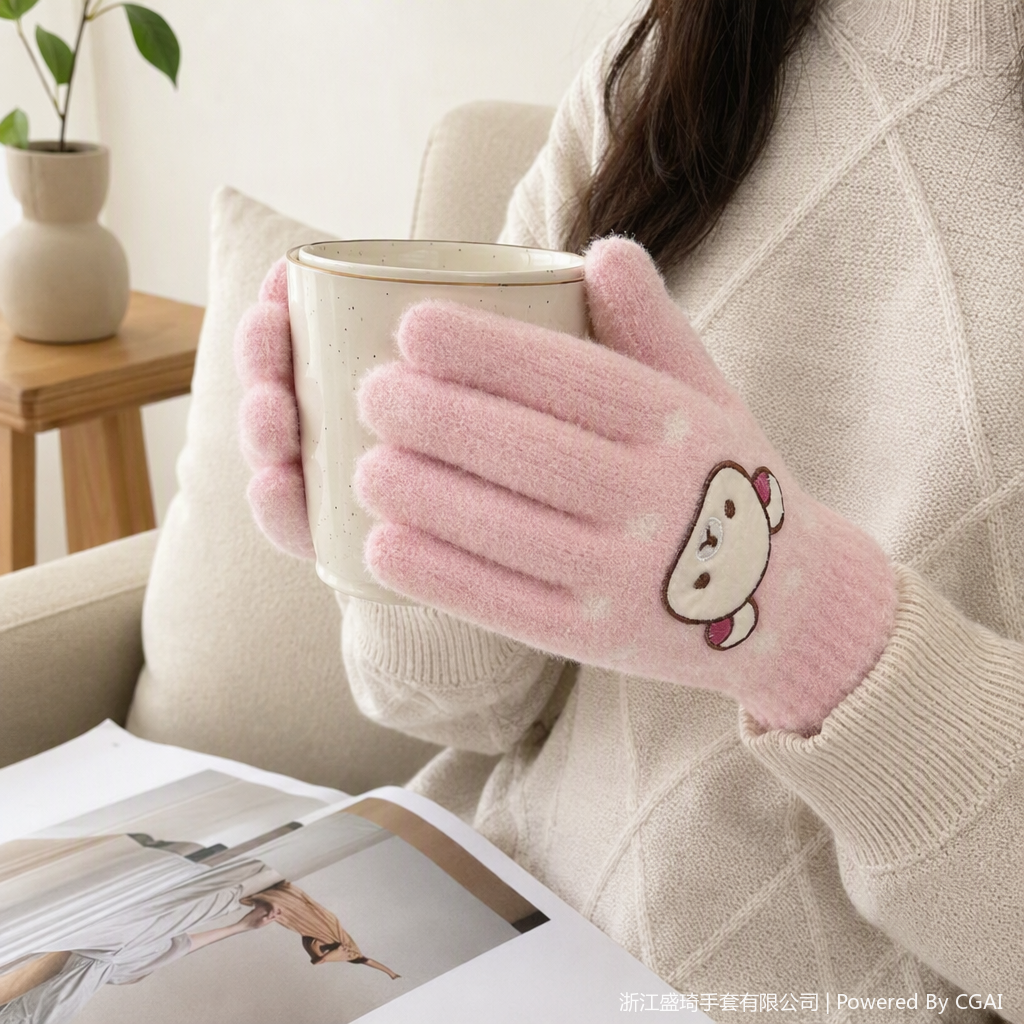 Warm and soft pink plush gloves for keeping warm. Cute and fashionable hand protection covers for ladies to wear in winter details Picture