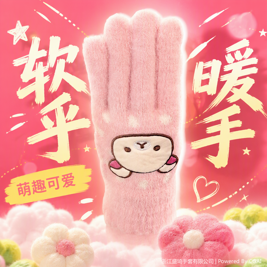 Warm and soft pink plush gloves for keeping warm. Cute and fashionable hand protection covers for ladies to wear in winter Specification image