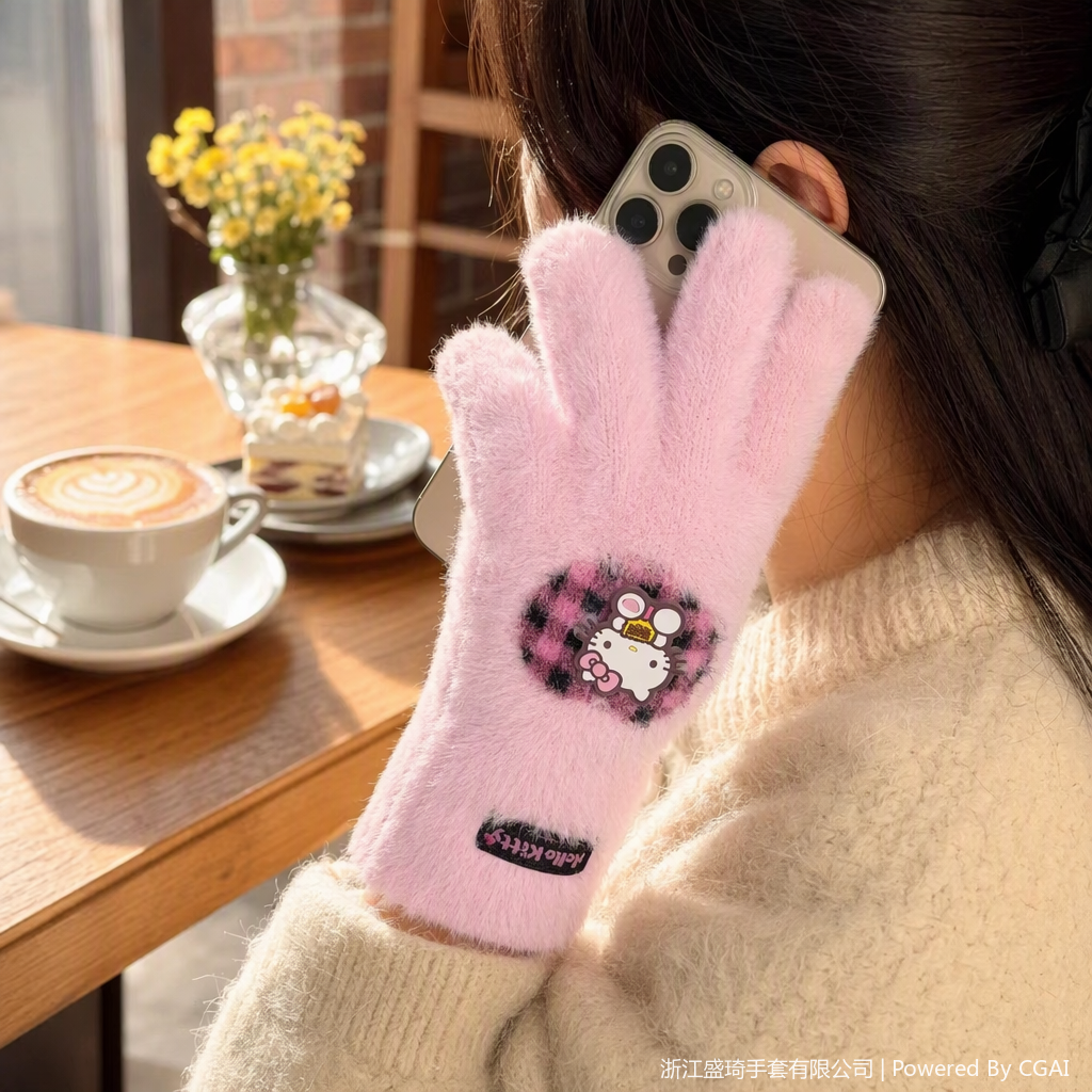The warm and soft pink fleece gloves keep the hands warm and are a fashionable trend for ladies to protect their hands from the cold in autumn and winter details Picture