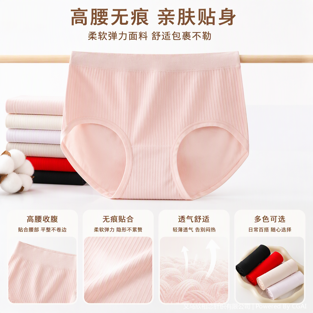 The pink high-waisted underwear with vertical ribbed texture is fashionable and comfortable. The multi-color underwear with a light background can be rolled and matched
