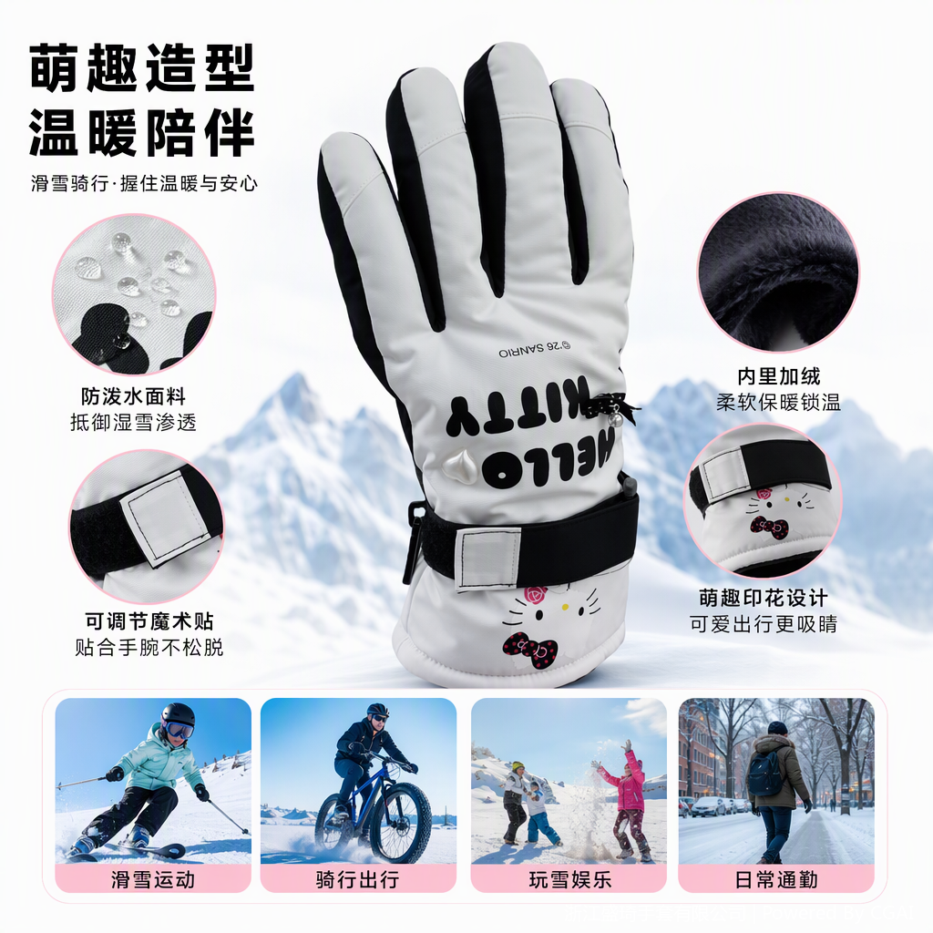 White black-edged ski gloves with printed cartoon patterns, warm and windproof winter sports gloves for both men and women